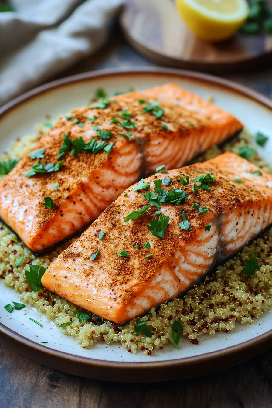 Close-up of air fryer salmon with quinoa on a white plate, garnished with herbs.