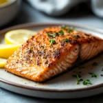 Close-up of air fryer salmon with a creamy sauce and vegetables from Trader Joe's