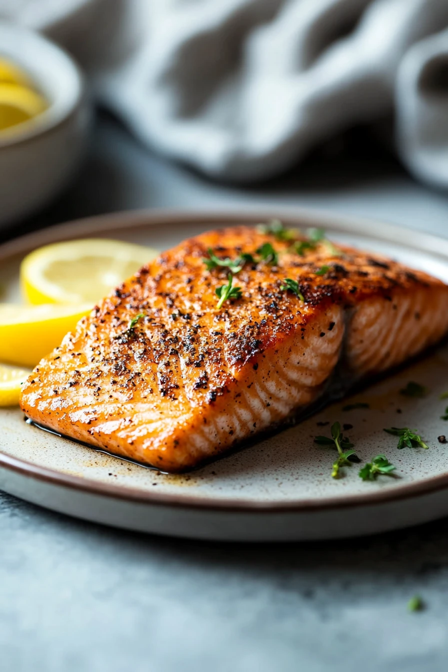 Close-up of air fryer salmon with a creamy sauce and vegetables from Trader Joe's