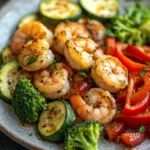 Close-up of air fryer shrimp and vegetables with bright natural lighting.