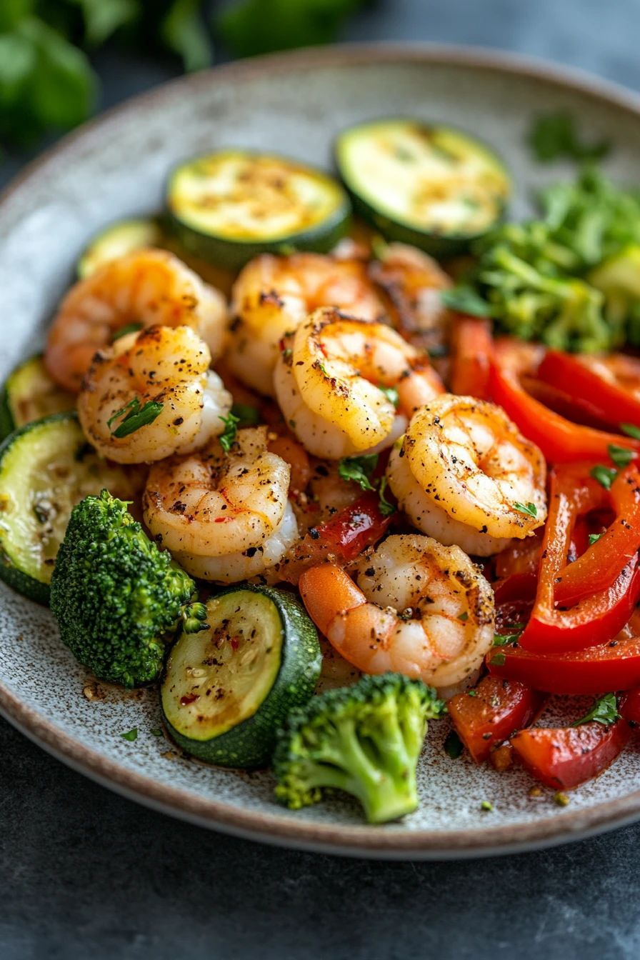 Close-up of air fryer shrimp and vegetables with bright natural lighting.