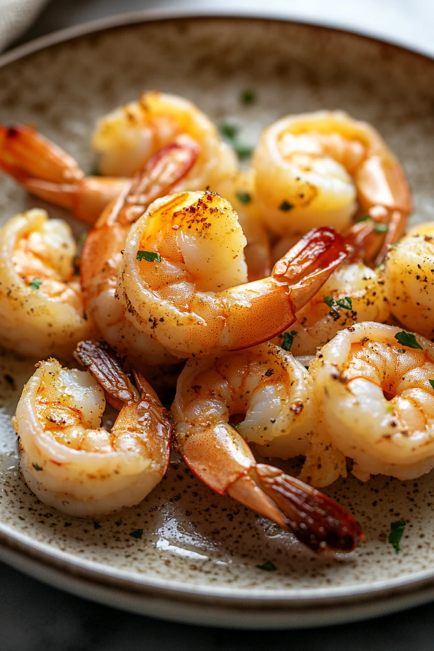 Close-up of air fryer shrimp on a plate with a minimal background