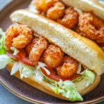 Close-up of air fryer shrimp po boy with crispy shrimp and fresh toppings