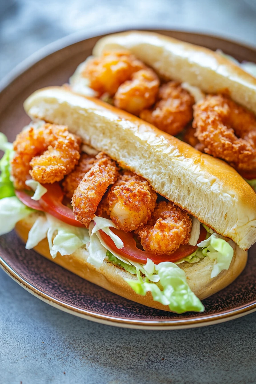 Close-up of air fryer shrimp po boy with crispy shrimp and fresh toppings