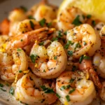 Close-up of air fryer shrimp scampi with a creamy sauce and herbs