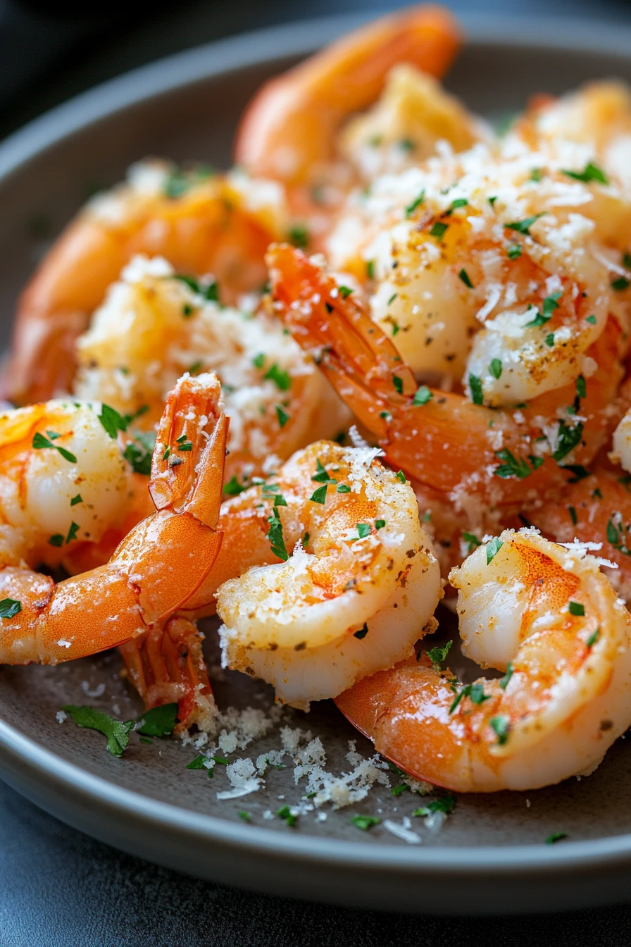 Close-up of air fryer shrimp with Italian seasoning on a clean white plate