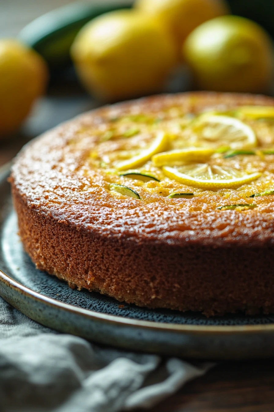 Almond Flour Lemon Zucchini Cake for Quiet Afternoons and Sweet Moments 2 Close-up of almond flour lemon zucchini cake with bright lemon slices and zucchini shreds.