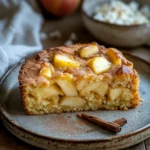 Close-up of a gluten-free, dairy-free apple cake with a golden crust and visible apple slices.