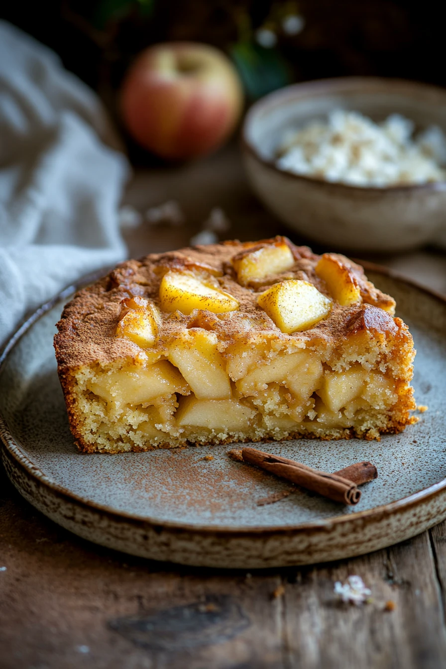 Close-up of a gluten-free, dairy-free apple cake with a golden crust and visible apple slices.