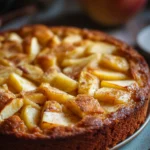 Close-up of a sugar-free apple cake with a golden crust on a minimal background.