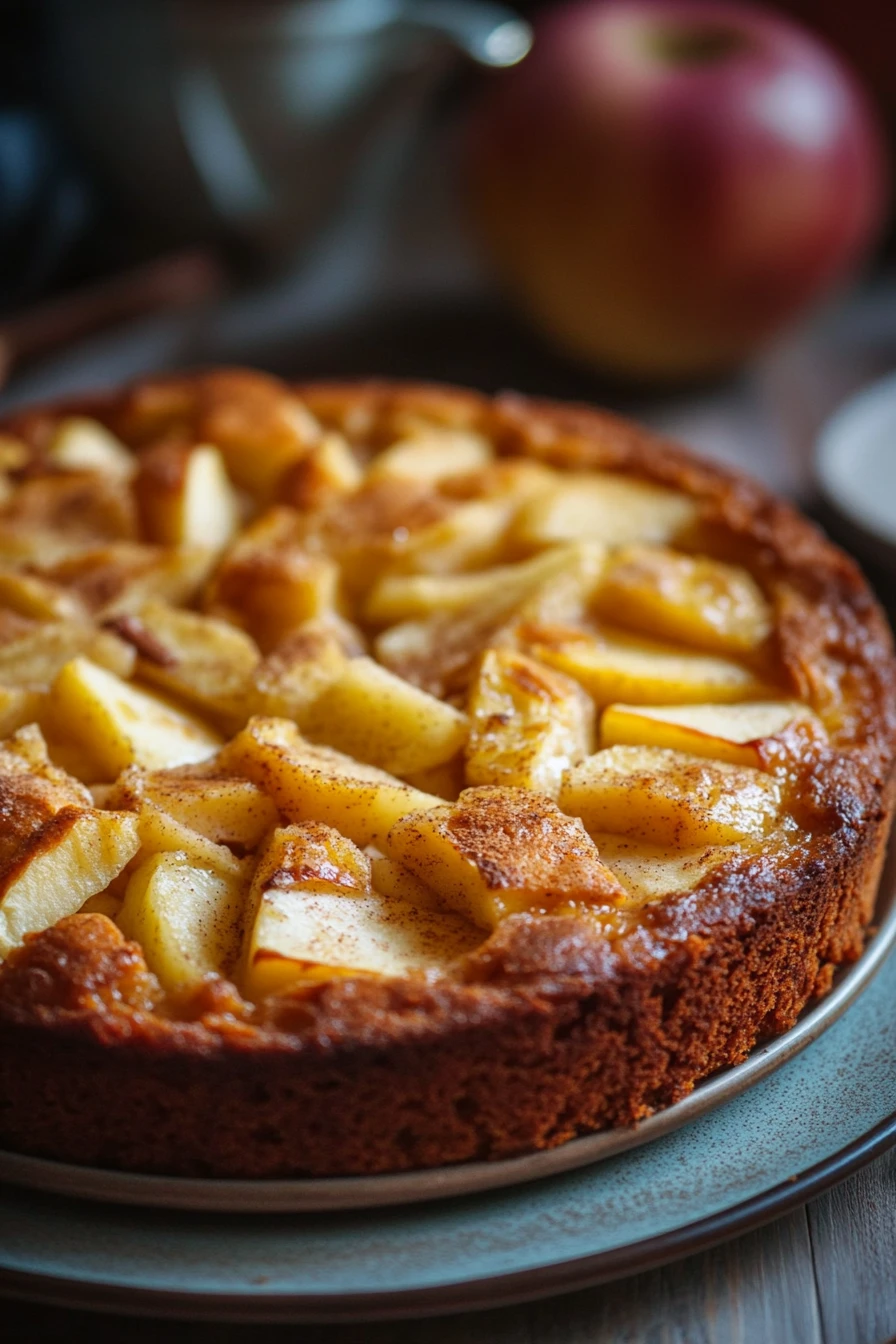 Close-up of a sugar-free apple cake with a golden crust on a minimal background.
