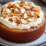Close-up of apple cake with cream cheese frosting on a clean background