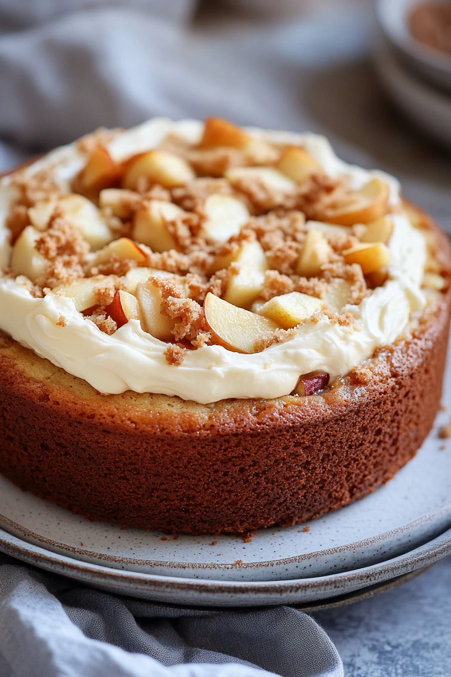 Close-up of apple cake with cream cheese frosting on a clean background