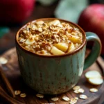 Close-up of apple muffin oatmeal with fresh apple slices and oats