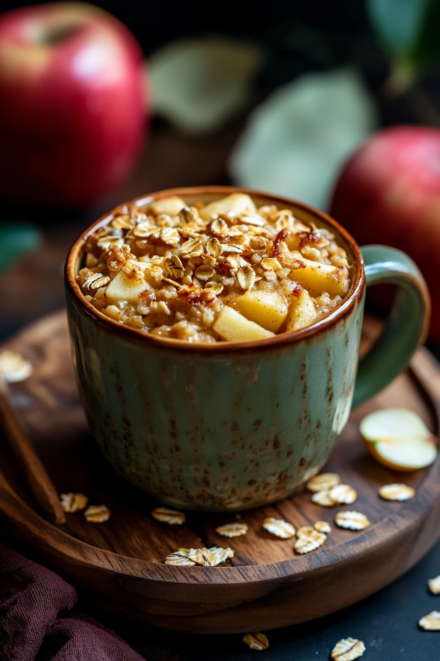 Close-up of apple muffin oatmeal with fresh apple slices and oats