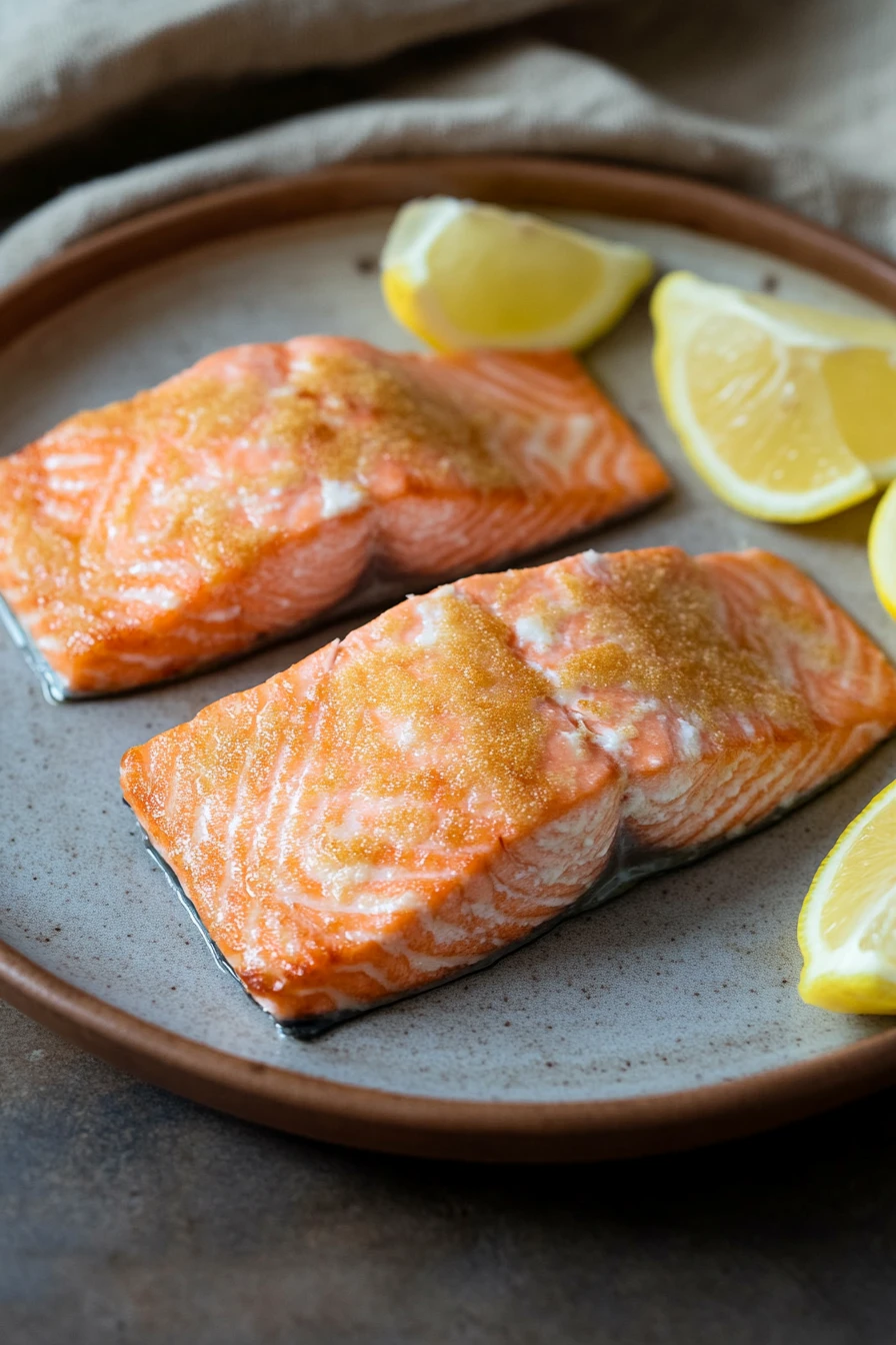 Close-up of baked salmon in an air fryer with a clean background