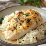 Close-up of baked chicken with creamy sauce and rice in a casserole dish