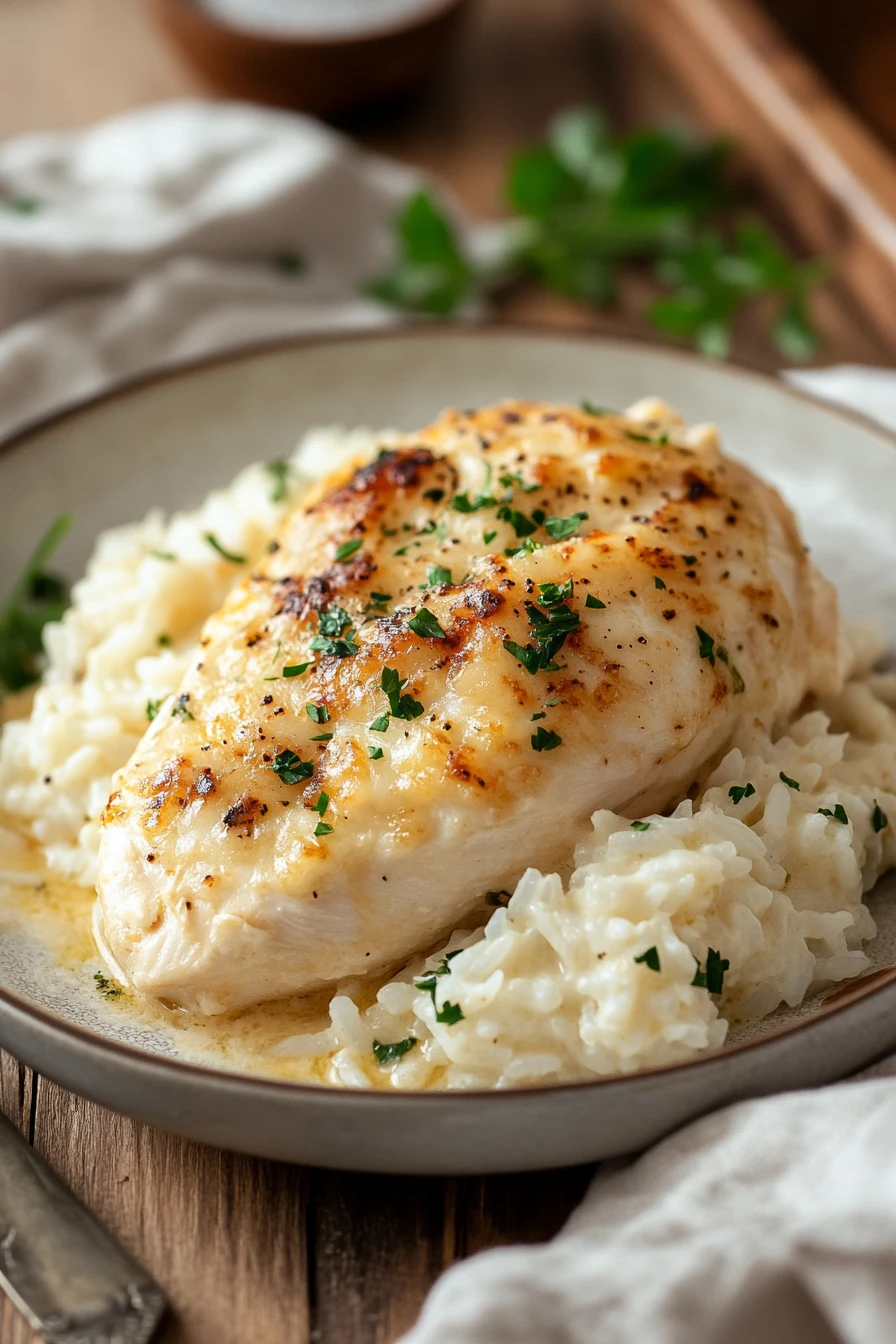 Close-up of baked chicken with creamy sauce and rice in a casserole dish