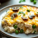 Close-up of a baked chicken casserole with rice, featuring golden-brown chicken and creamy sauce.