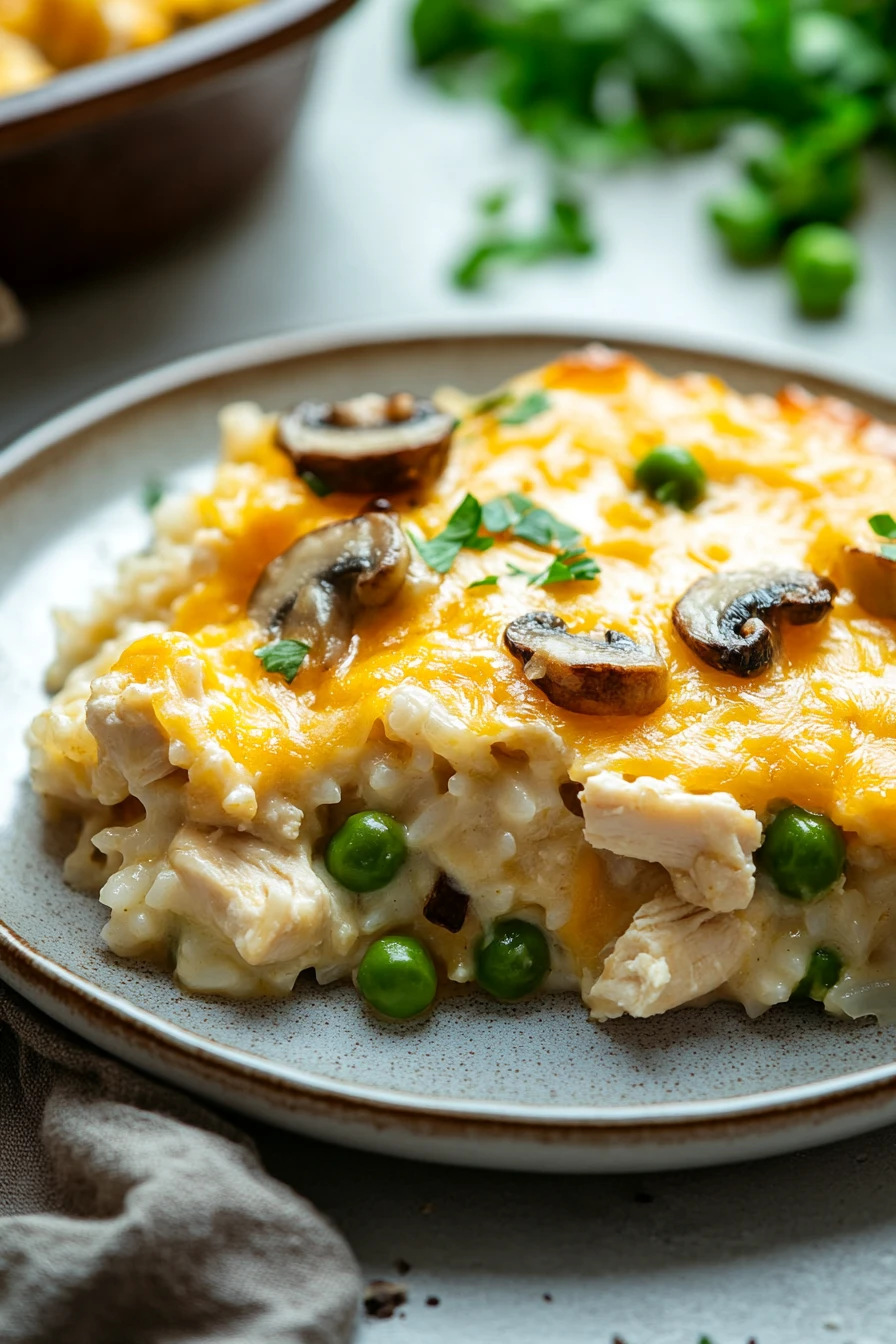 When You Need Cozy Comfort: Baked Chicken Casserole with Rice for Dinner 2 Close-up of a baked chicken casserole with rice, featuring golden-brown chicken and creamy sauce.