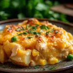Close-up of a baked potato chicken casserole with creamy sauce and herbs