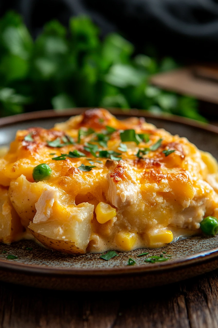 Close-up of a baked potato chicken casserole with creamy sauce and herbs