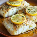 Close-up of baked white fish with a clean background, showcasing its texture and color.
