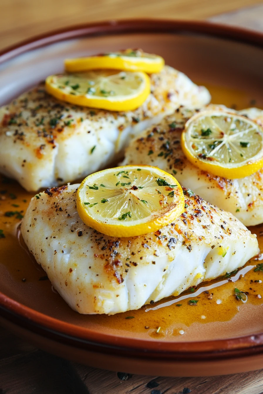Close-up of baked white fish with a clean background, showcasing its texture and color.