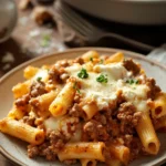 Close-up of baked ziti with ground beef in a crock pot, topped with melted cheese.