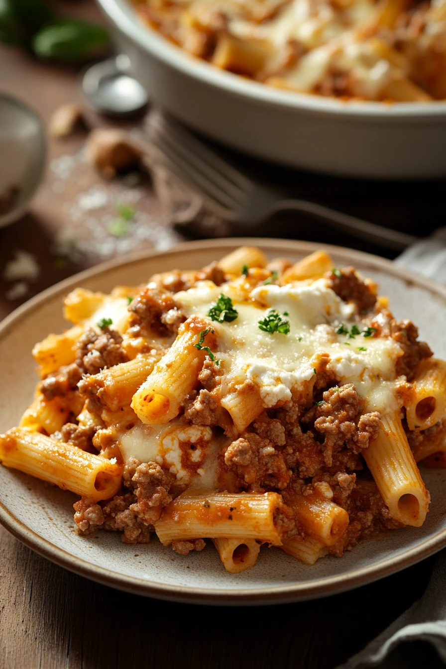 Close-up of baked ziti with ground beef in a crock pot, topped with melted cheese.