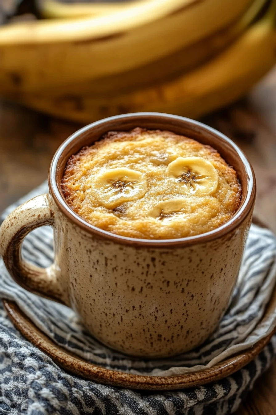 Close-up of banana bread in a mug with a warm, inviting texture.