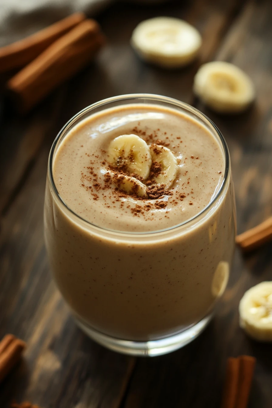 Close-up of a banana bread smoothie in a glass with a clean background