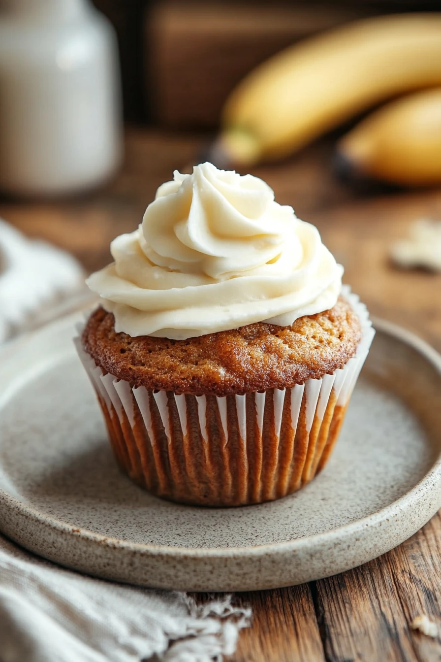 Close-up of banana muffins with icing on a clean background, highlighting texture and detail.