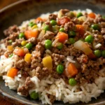 Close-up of a beef and rice freezer meal with vibrant colors and appetizing presentation.
