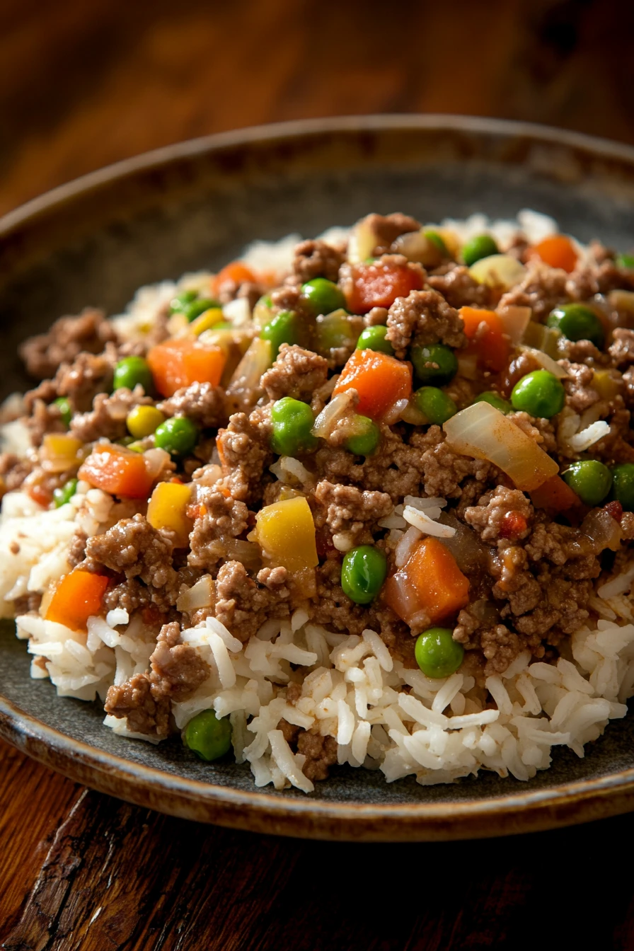 Close-up of a beef and rice freezer meal with vibrant colors and appetizing presentation.