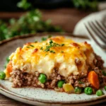 Close-up of a beef casserole with ground beef and gluten free ingredients, served in a white dish.
