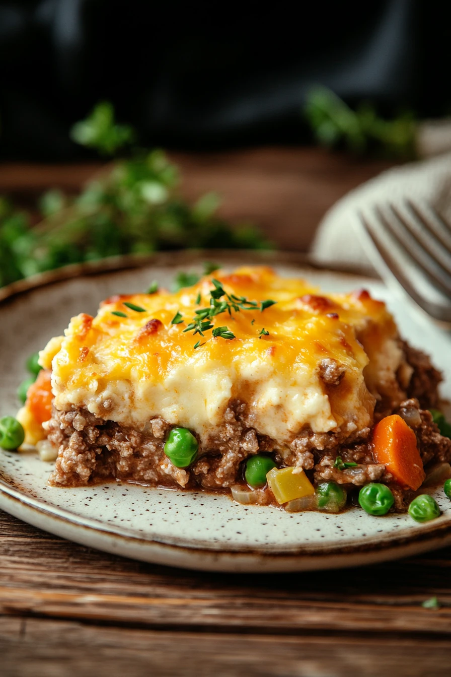 Close-up of a beef casserole with ground beef and gluten free ingredients, served in a white dish.