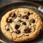 Close-up of a big fat chewy chocolate chip cookie with visible chocolate chips and golden-brown texture.