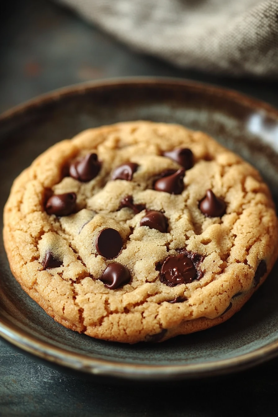 Close-up of a big fat chewy chocolate chip cookie with visible chocolate chips and golden-brown texture.