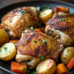 Close-up of a bone-in chicken thigh with creamy sauce on a plate