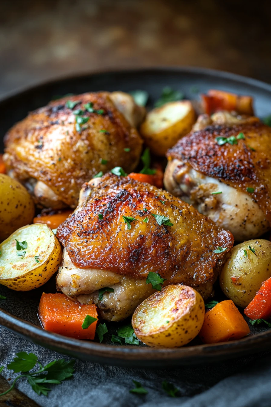 Close-up of a bone-in chicken thigh with creamy sauce on a plate