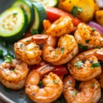 Close-up of cajun shrimp and veggies cooked in an air fryer, with vibrant colors and textures.