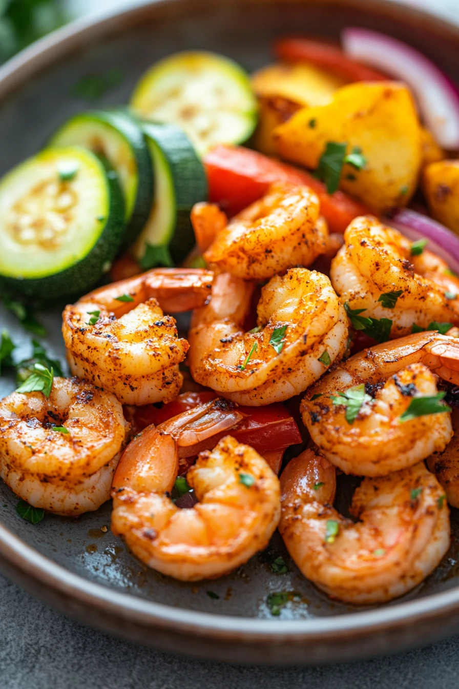 Close-up of cajun shrimp and veggies cooked in an air fryer, with vibrant colors and textures.