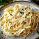 Close-up of creamy pasta dish perfect for a candle light dinner