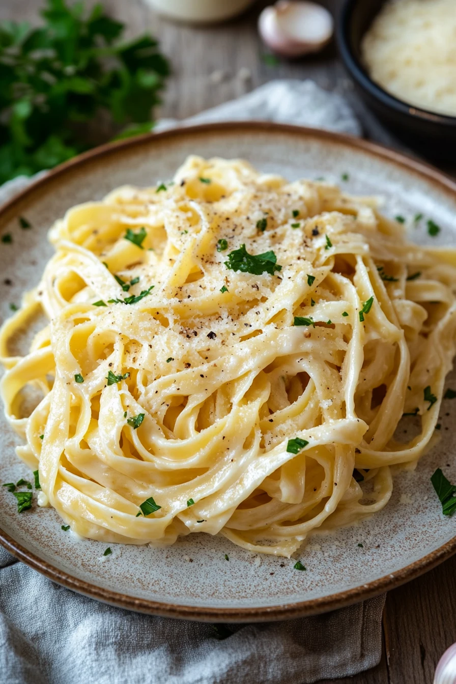 Close-up of creamy pasta dish perfect for a candle light dinner