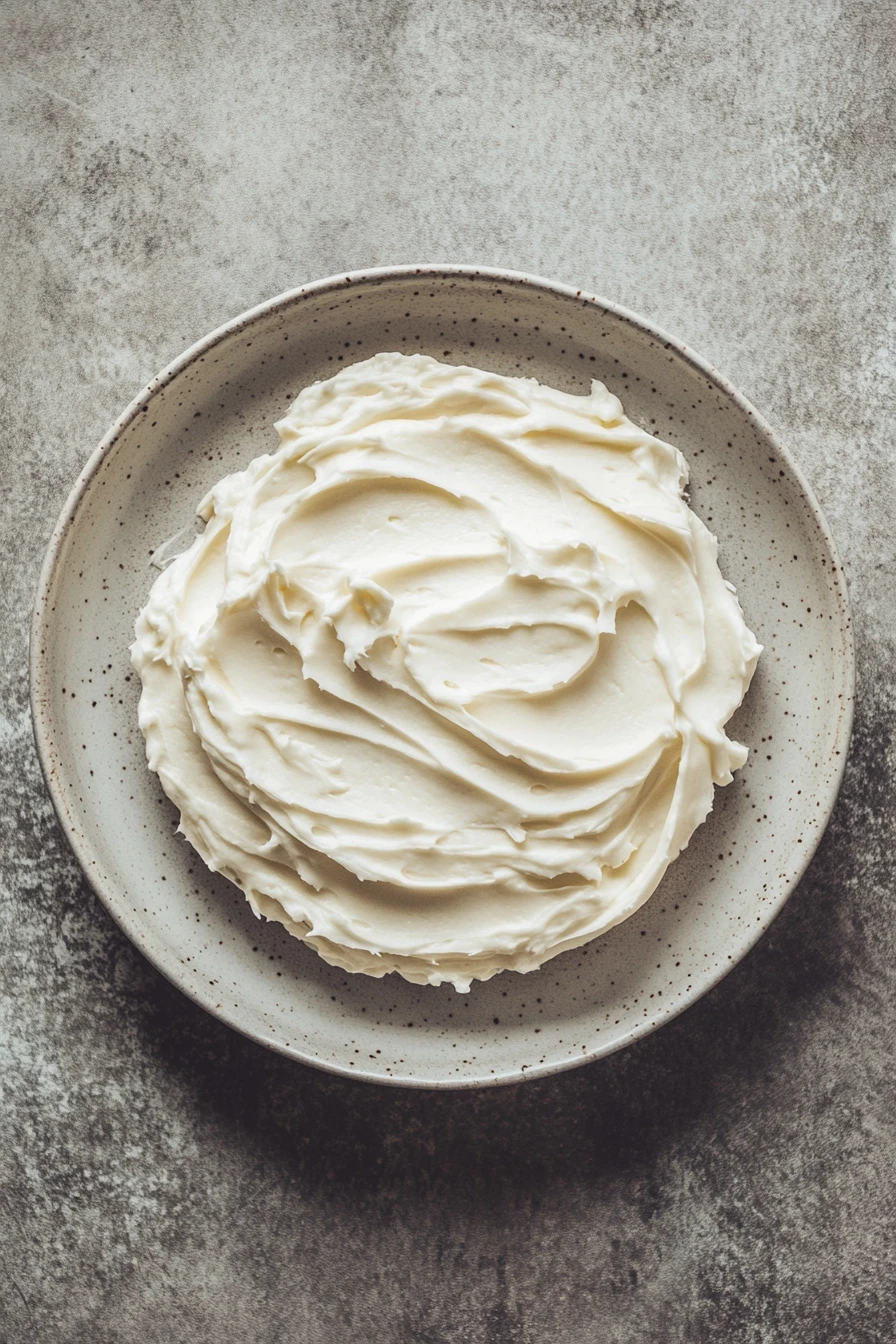 Close-up of a carrot cake slice with cream cheese frosting on a minimal background.