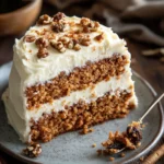 Close-up of a carrot cake with almond flour topped with cream cheese frosting on a white plate.