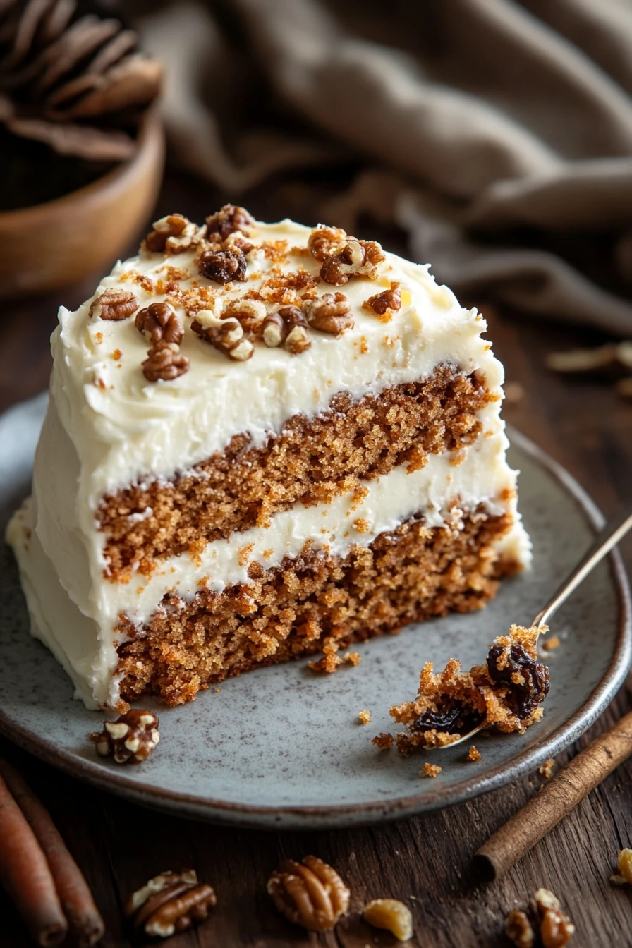 Close-up of a carrot cake with almond flour topped with cream cheese frosting on a white plate.