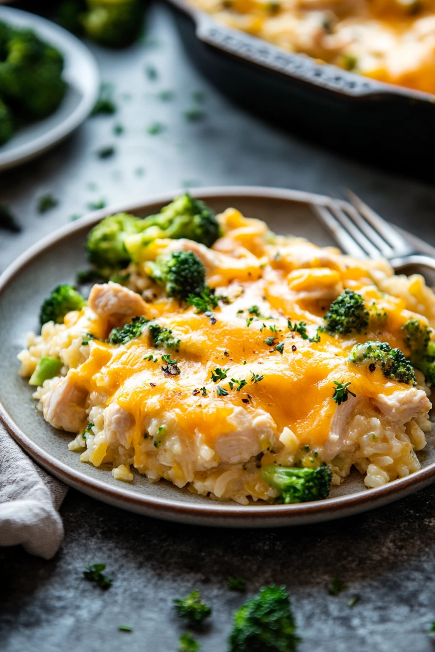 Cheesy chicken broccoli rice casserole with melted cheese and broccoli florets