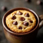 Chewy cookie in a mug with warm lighting and minimal background